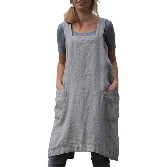 Japanese Pinafore Apron Smock Cotton Apron with Pockets Plus Size Aprons for Wom - Picture 1 of 7